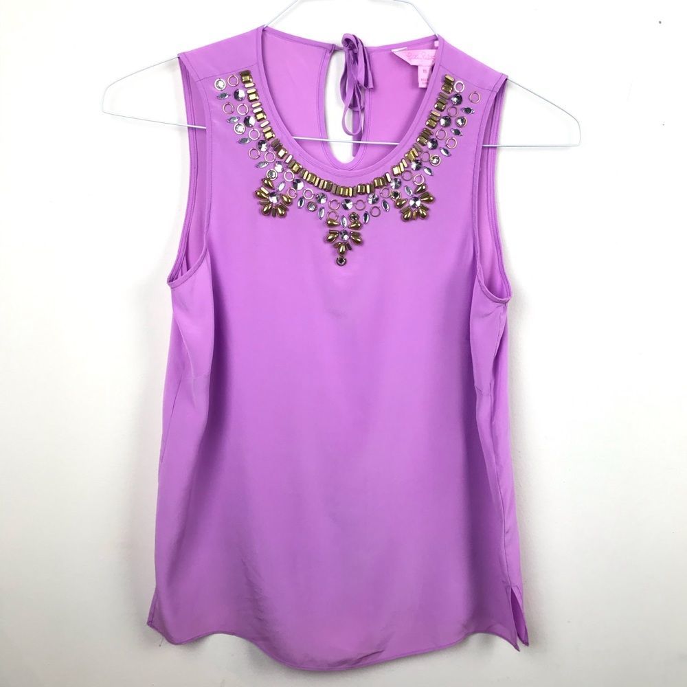 Lilly Pulitzer Havana 100% Silk Pink Embellished Jeweled Neck Blouse Top 58738 - Picture 3 of 8